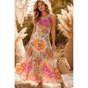 Young Fabulous & Broke Tie Dye Maxi Dress M Tiered Boho Artsy Summer YFB Hippie